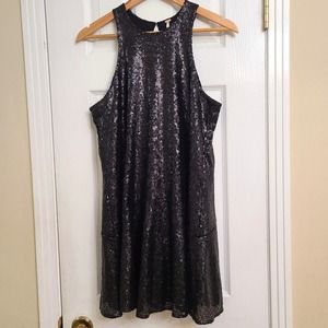 Free People Black Liquid Shine All Over Sequin Mini Dress Cocktail Party Size S